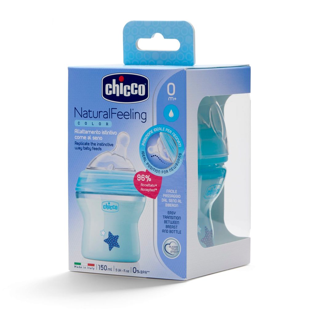 Chicco Natural Feeling Бутылочка, 0+, голубого цвета, с силиконовой соской, 150 мл, 1 шт.