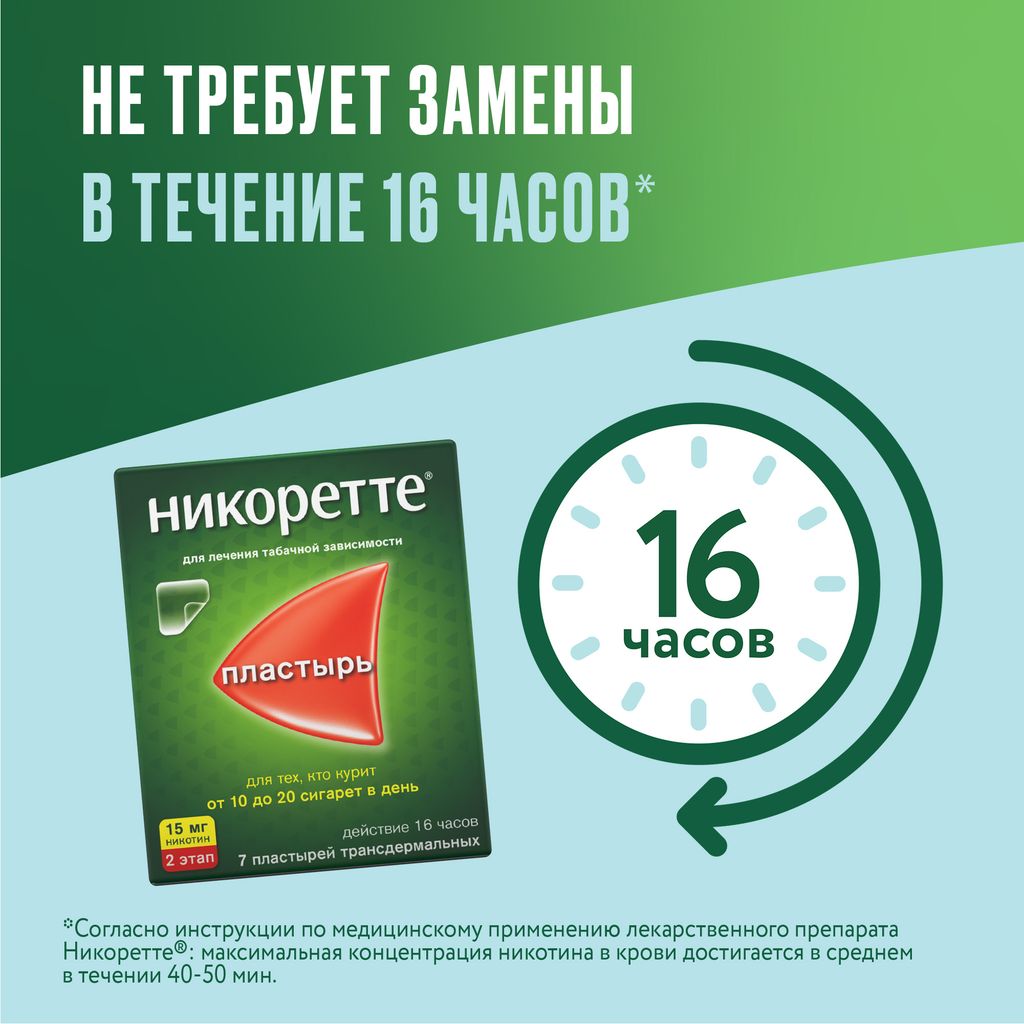 Никоретте, 15 мг/16 ч, пластырь трансдермальный, полупрозрачная, 7 шт.