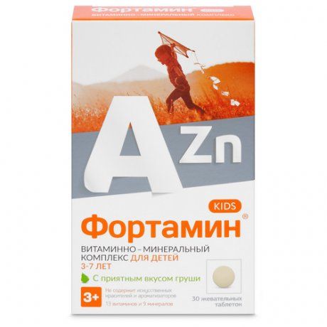 Фортамин Kids Витаминно-Минеральный комплекс от А до Zn, для детей с 3 до 7 лет, таблетки жевательные, груша, 30 шт.