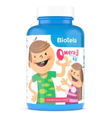 Biotela Комплекс детский Омега-3 с витаминами D и E, капсулы жевательные, малина травы, 120 шт.